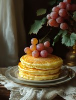 Stack of fluffy golden pancakes topped with fresh red grapes on vintage plate, moody dark food photography with natural light and rustic linen tablecloth.