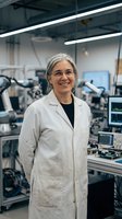 Middle-aged woman with gray hair and glasses wearing white lab coat in modern robotics laboratory with advanced equipment and computers.
