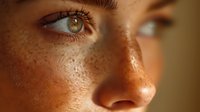 Close-up of young woman with freckles and green eyes looking to the side in warm golden light, showcasing natural beauty and facial features.