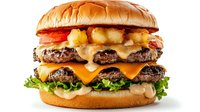 Juicy double cheeseburger with melted cheddar, crispy bacon, fresh lettuce, and special sauce on toasted brioche bun against white background, ready for menu or advertising.