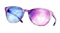 Watercolor galaxy sunglasses with blue and purple gradient lenses, fashion accessory illustration on white background for summer style concepts.