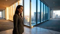 Professional businesswoman in suit standing by floor-to-ceiling windows in modern office building overlooking city skyline at sunset.