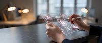 Professional using transparent tablet displaying digital interface with icons for modern business technology and connectivity solutions.