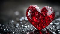 Red crystal heart with water droplets on dark textured surface creating romantic atmosphere for love and Valentine concepts.