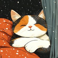 Smiling calico cat sleeping peacefully on orange blanket while snow falls outside window, cozy winter night scene in cartoon style on dark background.