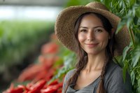 Young Caucasian woman with braided hair wearing straw hat smiling in greenhouse with fresh vegetables. Organic farming concept for healthy lifestyle and sustainable agriculture.