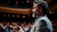 Mature bearded Caucasian male speaker in gray suit gesturing while giving presentation at conference venue with blurred audience and stage lights in background.