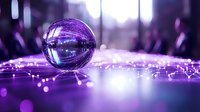 Crystal ball with purple lighting and fairy lights creating magical atmosphere for fortune telling and mystical predictions.