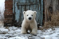 Young polar bear cub sitting in snow near weathered blue wooden door, looking directly at camera with curious expression against rustic winter background.