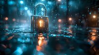 Glowing padlock on reflective surface with digital rain effect and bokeh lights in dark cybersecurity concept background, dramatic blue and orange lighting.