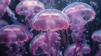Luminescent pink jellyfish floating in dark waters, glowing with bioluminescent tentacles and ethereal translucent bodies against mysterious deep sea background.
