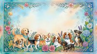 Adorable puppies of various breeds sitting together in decorative floral frame with roses and leaves on soft pastel background for pet lover designs.