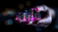 Futuristic glowing cityscape with neon lights and skyscrapers floating in cupped hands against dark background with bokeh effect, creating magical urban atmosphere.