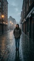 Young woman walking alone on wet cobblestone street at dusk with glowing streetlights and historic brick buildings creating moody urban atmosphere for lifestyle content.