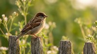 Small brown sparrow perched on wooden fence post in garden with soft green foliage background and warm golden sunlight creating peaceful nature scene.