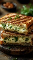 Grilled cheese sandwich with melted mozzarella and fresh herbs on toasted bread, stacked and garnished with parsley, served on rustic wooden board. Food photography.