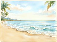 Tropical beach landscape with palm trees, sandy shore, and ocean waves under cloudy sky, suitable for travel, vacation, and coastal design projects.