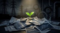 Green plant seedling growing from pile of financial documents and charts symbolizing sustainable business growth and eco-friendly investment opportunities.