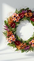 Tropical flower wreath with plumeria, anthurium and ferns on white background for wedding decoration, greeting cards and seasonal design projects.