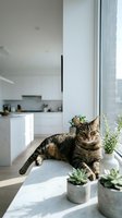 Tabby cat resting on a marble windowsill with succulents in a bright modern apartment interior with white kitchen in background.