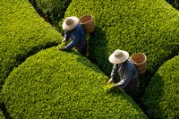 Aerial view of tea plantation workers harvesting fresh leaves in traditional straw hats and wicker baskets among lush green terraced fields.