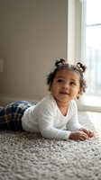 Adorable mixed race toddler girl with curly hair in pigtails lying on carpet at home wearing white shirt and plaid pants smiling at camera in bright room.