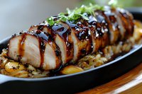 Grilled chicken breast sliced and glazed with teriyaki sauce, garnished with sesame seeds and green onions, served on black plate with drizzled sauce.