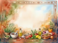 Watercolor cooking scene with fresh vegetables, herbs, olive oil bottles, and mortar pestle on wooden surface with ornate border frame, suitable for culinary, recipe, and food preparation designs.