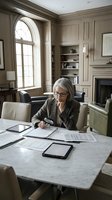 Senior woman with gray hair and glasses working at marble desk in elegant home office with fireplace, reviewing documents and using digital tablet for business tasks.