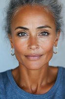 Close up portrait of mature African American woman with natural gray hair and gentle smile wearing blue top, radiating confidence and wisdom against light background.