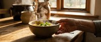 Hands holding wooden bowl with fresh salad in warm sunlit kitchen. Healthy eating, organic food preparation, rustic dining lifestyle concept.