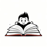 Cheerful cartoon boy character peering over open book with excited expression, black and white illustration with red book cover accent. Isolated on white background.