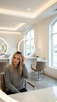 Young blonde Caucasian woman in gray sweater sitting in modern luxury hair salon with white styling chairs and large windows for beauty services.