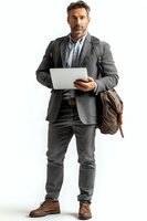 Mature Caucasian businessman in grey suit holding laptop, wearing casual leather boots and backpack, standing on white background. Professional portrait on isolated backdrop.