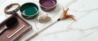Luxury cat accessories flat lay on marble surface, featuring elegant bowls, collar, grooming brush, comb, toy mouse, and feather wand.