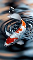 Orange and white koi fish swimming in dark water with ripples and water drops, captured in close-up macro photography with selective focus and dramatic lighting.