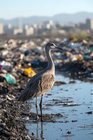Grey heron standing in polluted water near landfill with urban skyline in background, environmental issue concept highlighting impact of waste on wildlife.