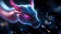 Glowing digital dragon head made of particles and light effects against dark background with bokeh, showcasing futuristic technology visualization.