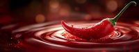 Fresh red chili pepper splashing into spicy sauce creating ripples and waves. Hot pepper falling into liquid with dynamic motion and bokeh background.