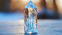 Clear quartz crystal point with natural inclusions and ethereal blue reflections on minimalist surface, capturing mystical healing energy and spiritual essence.