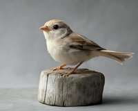 Small sparrow with white and brown feathers perched on wooden stump against neutral gray background, perfect for nature publications.