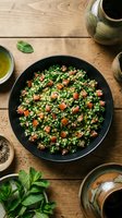 Fresh tabbouleh salad with parsley, tomatoes and bulgur wheat served in black bowl on rustic wooden table with ceramic pottery and mint leaves.