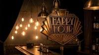 Vintage art deco happy hour sign with warm golden lighting and retro pendant lamps creating cozy bar atmosphere for hospitality and entertainment venues.