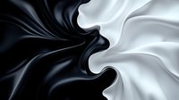 Contrasting black and white silky fabric waves creating abstract flowing curves and dynamic movement pattern against dark background for luxury design projects.