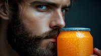 Bearded man holding cold orange soda can with water drops against dark background. Dramatic lighting emphasizes facial features and condensation on aluminum container.