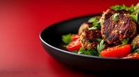 Juicy grilled meatballs served with fresh cherry tomatoes and herbs on black plate against red background, close up view of appetizing main course.