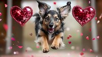 Happy Australian shepherd dog jumping forward with red glitter hearts and falling rose petals on blurred background, romantic Valentine's day pet portrait.