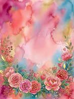 Watercolor floral background with pink roses, peonies, and hearts on soft pastel gradient. Botanical frame design for greeting cards, invitations, and wedding stationery projects.