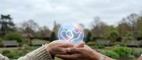 Elderly hands holding glowing sphere with recycling symbol in garden setting, representing environmental sustainability and eco-friendly lifestyle choices.