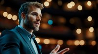 Professional middle-aged Caucasian businessman in suit speaking at corporate event with warm bokeh lights background for business presentations and conferences.